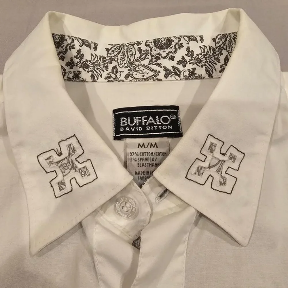 Buffalo David Bitton Mens White Button-Up Shirt M/M Cotton Blend Embroidered Det - Picture 2 of 9